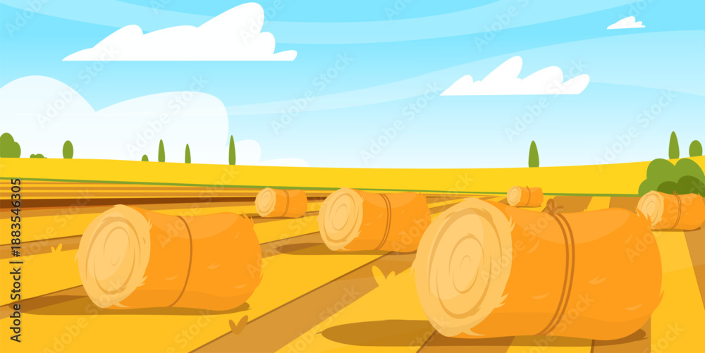 Fototapeta premium Rural landscape. Countryside fields with hay bales. Dry wheat grass. Village panorama. Bundles of straw. Farming haylofts. Forage harvesting. Agriculture haystacks. Vector background