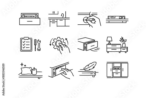 Drawer start vector adjustment interior cabinet motion home icons routine icon setup