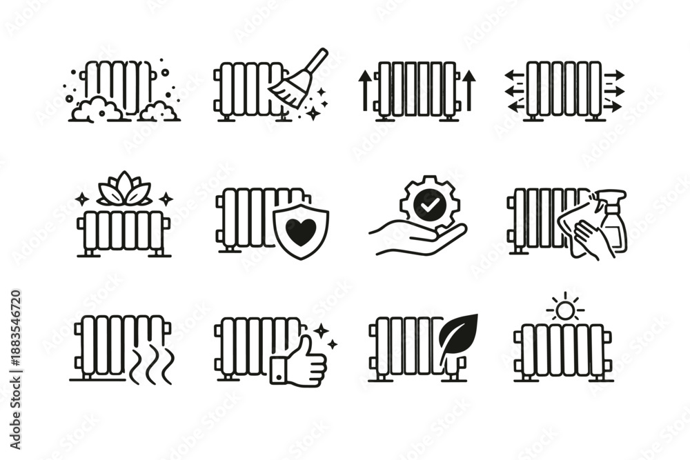 Obraz premium Mindful icons radiator reduction efficiency habit cue heat cleaning icon vector airflow
