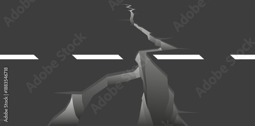 Large crack in road. Damaged asphalt surface. Highway destruction. Earthquake consequences. Broken roadway. 3D ruin crash gap. Ground fissure perspective. Land erosion. Vector background