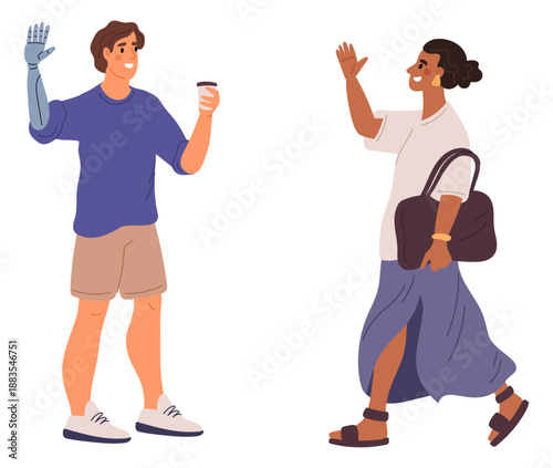 Happy young man with prosthetic arms greets his friend or girlfriend. Hand prosthesis. People communication. Disabled guy talking with woman. Handicapped person inclusion. Vector concept
