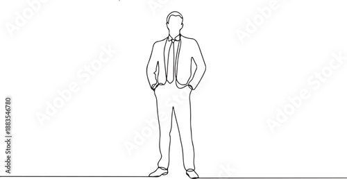 Man in suit standing with hands in pockets one line drawing