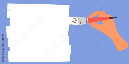 Hand holds brush with white paint. Arm painting banner for text and advertising. Art classes. Decorator coloring whitewash wall. Home renovation. Paintbrush swears. Vector background