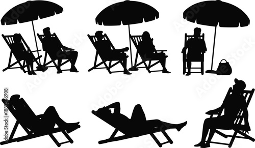 Beach chair silhouettes collection with people relaxing under umbrellas sunbathing lounging outdoor summer vacation leisure black vector illustration isolated design setWeb