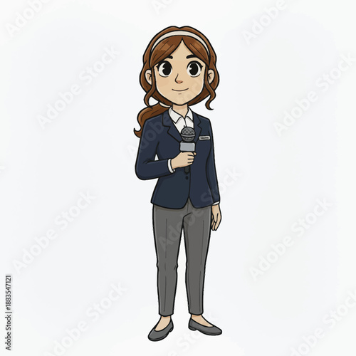 Animated journalist character reporting news holding a microphone in professional attire