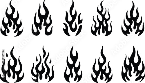 Black fire flame silhouettes collection isolated on white background showing different burning shapes, heat energy symbols, minimalist vector illustration for danger, power, graphic design conceptsWeb