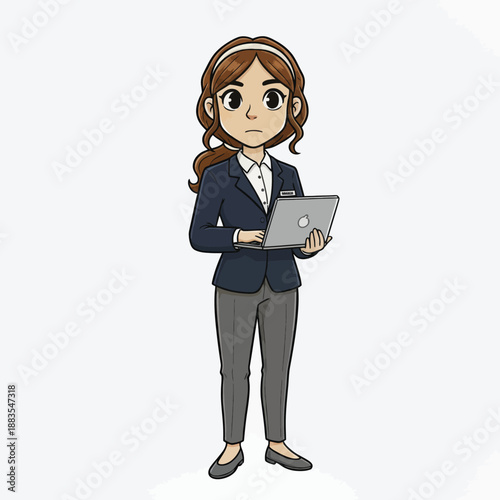 Cartoon business professional woman character holding a laptop on a white background
