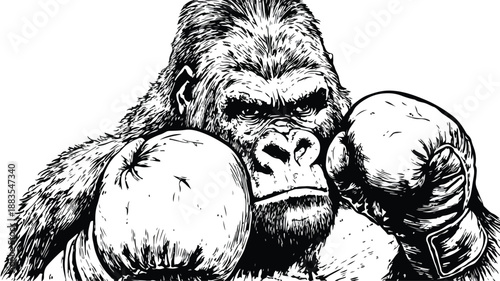 Strong Gorilla Cartoon Boxing Vector with Outline, Isolated on White