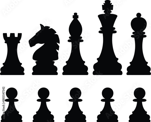 Chess pieces silhouettes set featuring king, queen, rook, bishop, knight and pawns, black isolated strategy game icons, classic board game illustrationWeb