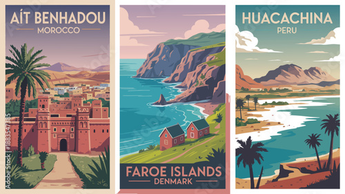 Travel postcards of Ait Benhaddou, Faroe Islands, and Huacachina