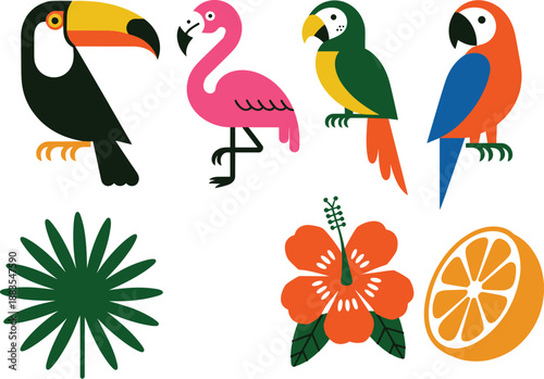 Colorful tropical birds and nature icons set isolated on white background featuring toucan, flamingo, parrots, flowers and fruits, flat vector illustration for design, wildlife concepts