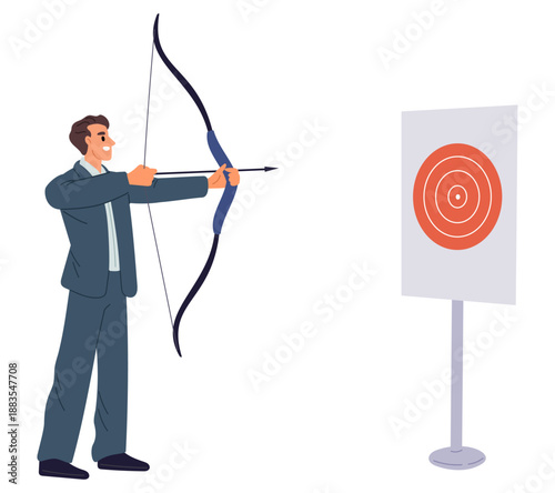 Businessman aiming arrow from bow at standing target. Business achievement. Strategy goals direction. Man shooting to project bullseye. Solution aim. Archer with longbow. Vector concept