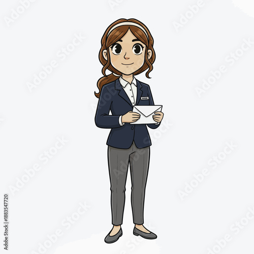 Friendly cartoon professional woman holding a letter in formal attire illustration