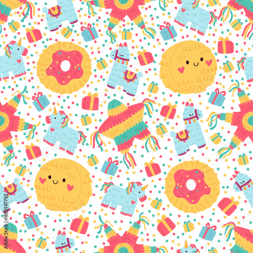Bright pinatas seamless pattern. Various carnival toys with sweets and confetti inside for celebrating birthdays. Mexican party. Paper containers. Llama and donut shapes. Vector background
