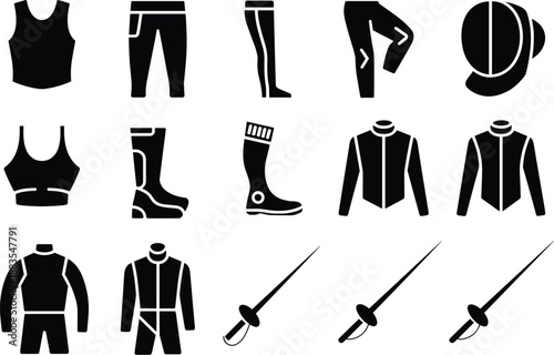 Fencing uniform and equipment silhouettes set showing jacket, pants, mask, shoes and swords, black isolated athlete gear icons, professional combat sport illustrationWeb