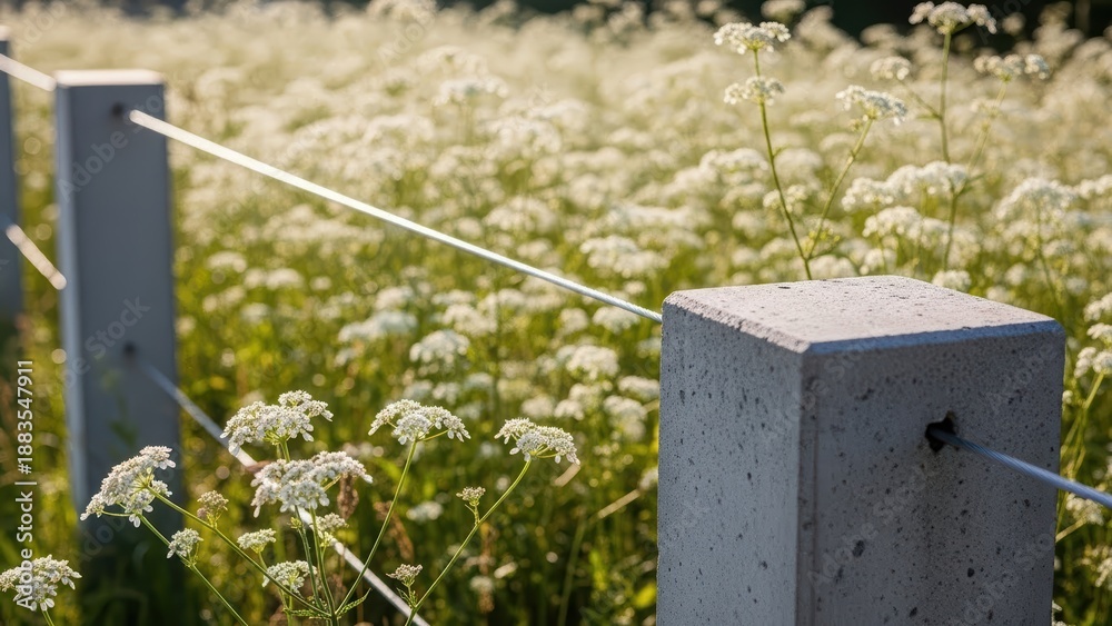 Fototapeta premium Concrete posts with a wire fence separating lush green field of wild white flowers. Nature boundary for privacy and country garden concept.