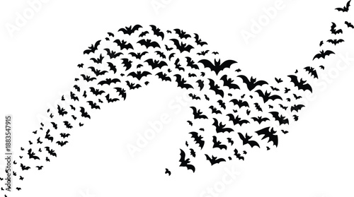 Flying bat silhouettes swarm forming dynamic wave shape isolated on white background, spooky nocturnal animals in motion, black vector illustration for Halloween, gothic horror themesWeb
