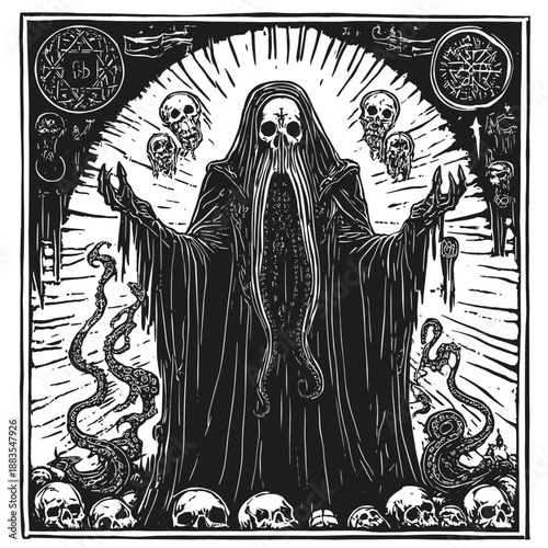 Mysterious Lovecraftian Figure with Skulls and Tentacles