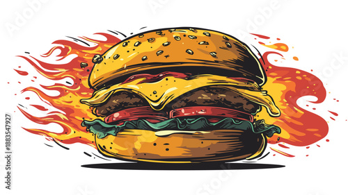 Sizzling Hot Burger on Fire Vector Illustration for Creative Designs