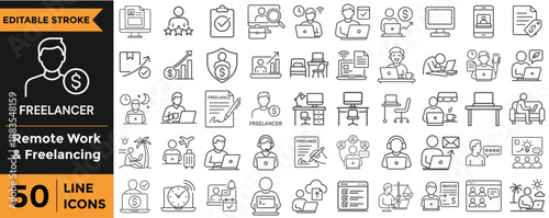 Illustration of 50 line icons set for freelancer, remote work and freelancing concept