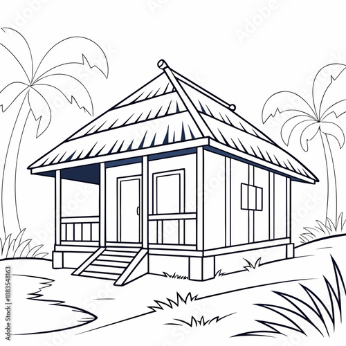 Tropical hut nestled amongst palm trees