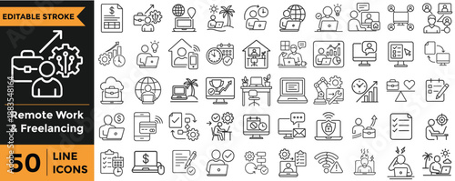 Illustration of 50 remote work and freelancing line icons set for business and technology