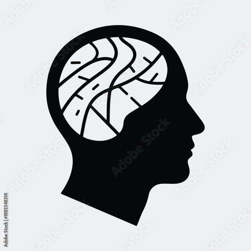 Human head profile with abstract internal brain structure silhouette vector illustration