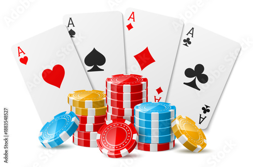 Realistic multicolored chips and casino play cards on white background. Poker ace fan. Betting tokens stack. Winner jackpot. Vegas gamble. Blackjack lucky chance. Vector gambling objects
