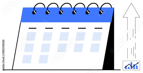 Business planning, productivity, goal tracking, schedule organization, performance monitoring, time management. A calendar with a rising arrow growth. Business planning and productivity concept