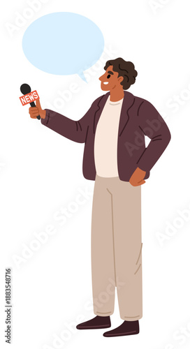 Man with microphone. Journalist or talk show host. Newscaster speaking. Prepares for interview. Live streaming news reportage. Public speaker. Reporter asking question. Vector concept