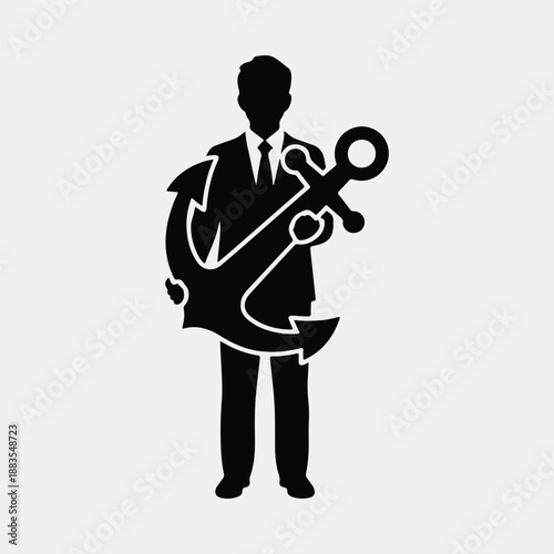 Man in suit holding anchor symbol representing business stability and maritime success vector illustration