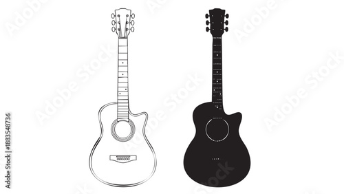 Line art and filled acoustic guitar illustration isolated on transparent
