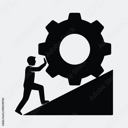 Man pushing large gear uphill representing teamwork and effort silhouette vector illustration
