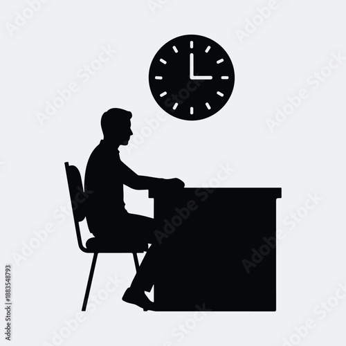 Man sitting at desk with clock above shows punctuality concept silhouette vector illustration