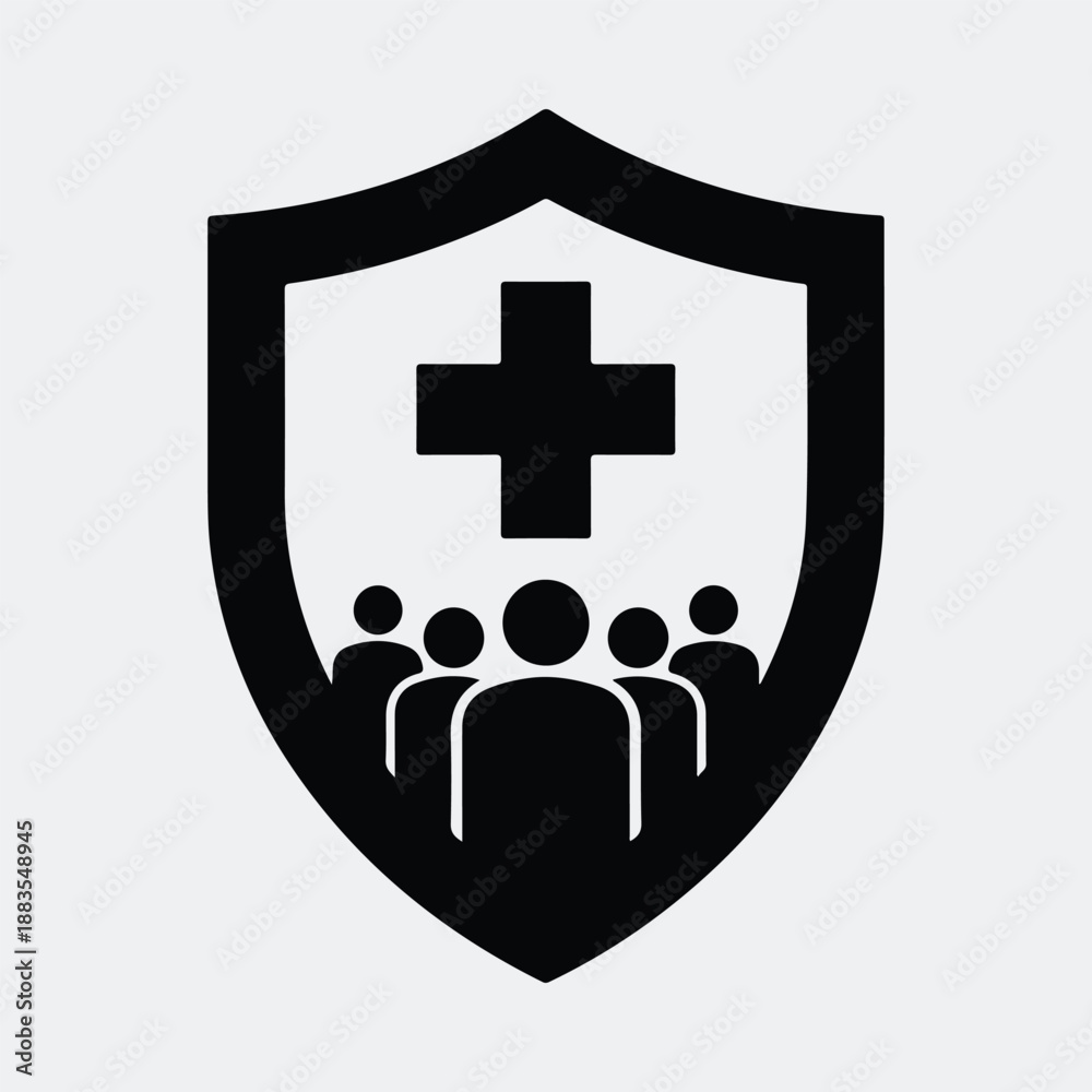 Obraz premium Medical shield with cross and group of people silhouette vector illustration