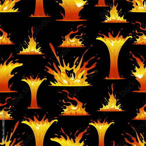 Lava flows and splashes seamless pattern. Molten metal or rock droplets. Magma heat. Plasma explosion spatters. Volcano eruption. Hell fire blaze. Hot fluid swirls. Vector background