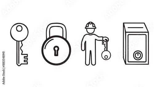 Set of security and access icons with worker and safe symbols