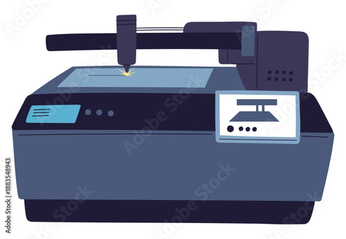 Laser machine for cutting sheet. Metal cutter cuts pages into separate parts. Office electric equipment. Confidential document shredding. Printer and scanner. Vector isolated object