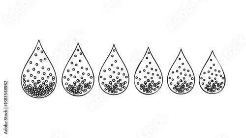 Set of six water droplet shapes with bubbles isolated on transparent background