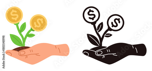 Icon of hand holding money tree sprout with gold coins. Color or black silhouette symbols. Investment success. Financial profit. Growing plant. Seedling on arm palm. Vector signs set