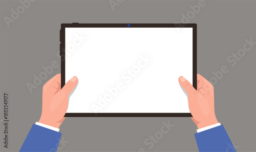 Hands holding tablet. Arms showing ebook digital board. Mobile device display. Blank gadget touchscreen. Portable computer. Electronic touchpad. Vector template for advertising or text