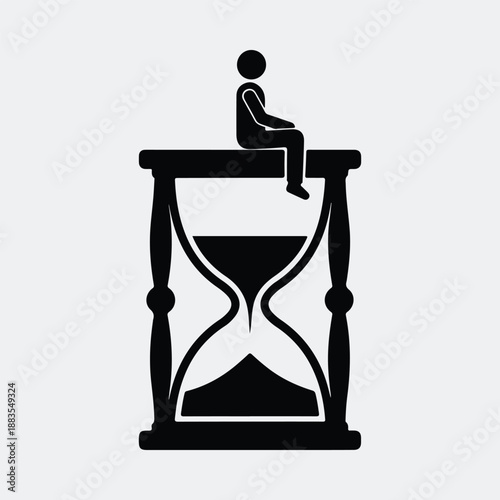Silhouette of person sitting on hourglass representing concept of time passing silhouette vector illustration