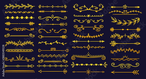 Gold decorative dividers. Ornamental or flourish linear design elements. Golden borders. Retro curly embellishment. Classic certificate decor. Curved line filigree separators vector set