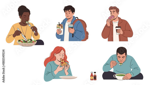 Diverse group of people enjoying different kinds of food for various meals throughout the day
