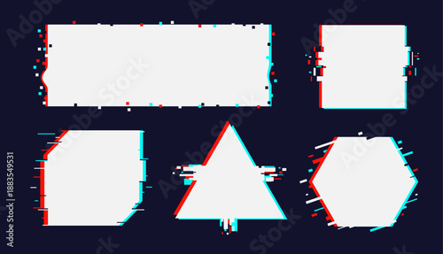 Frames with glitch effect. Geometric shapes template with distorted borders. Broken screen. Pixel decay square and triangle. Visual noises. Dynamic distortion. Abstract forms vector set