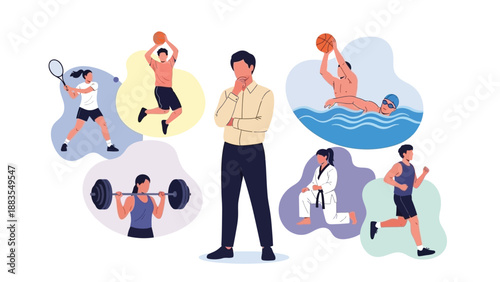 Man thinking about choosing which diverse physical activity or sport to pursue next