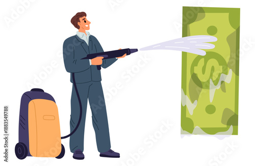 Businessman washing dirty green banknotes. Spray machine for cleaning big cash dollar bills. Financial scam. Criminal capital. Tax evasion. Vector concept of illegal money laundering