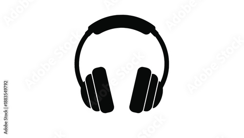 Simple black and white silhouette icon representing over ear headphones for audio listening