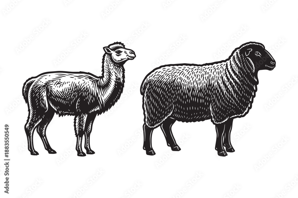 Obraz premium Llama and Sheep Side-by-Side, Farm Animals in Retro Style