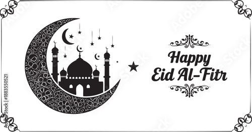 Happy eid al-fitr greeting card with crescent moon, mosque silhouette, and stars